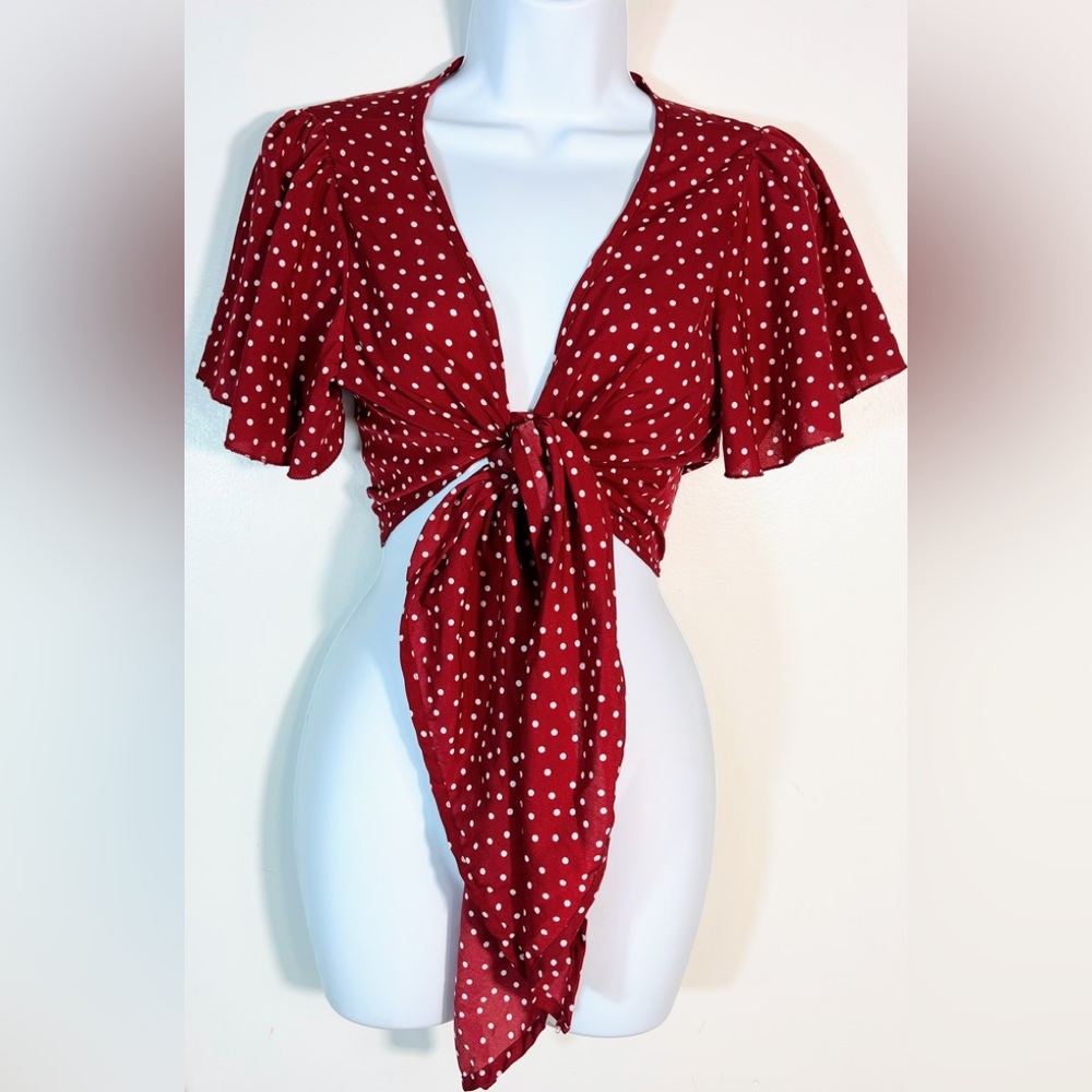Red polka dot front tie shirt size small